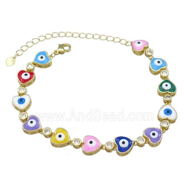 Copper Heart Multicolor Enamel Evil Eye Bracelet Pave Zircon Gold Plated