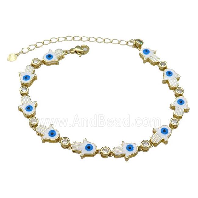 Copper HamsaHand White Enamel Evil Eye Bracelet Pave Zircon Gold Plated