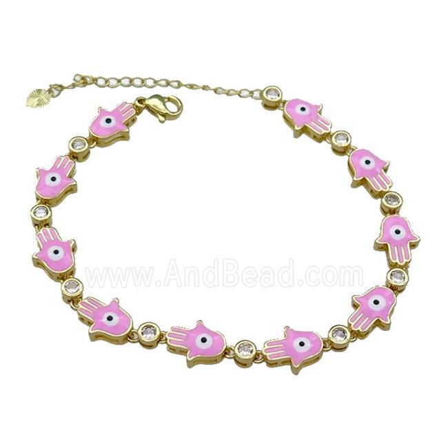 Copper HamsaHand Pink Enamel Evil Eye Bracelet Pave Zircon Gold Plated
