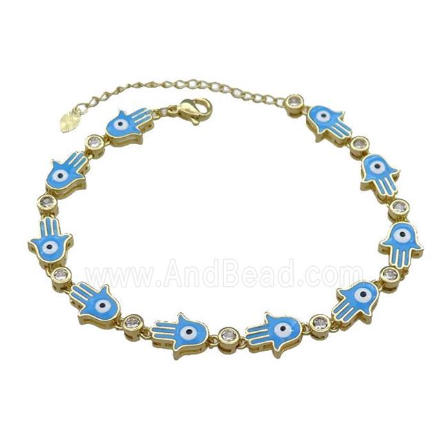 Copper HamsaHand Blue Enamel Evil Eye Bracelet Pave Zircon Gold Plated
