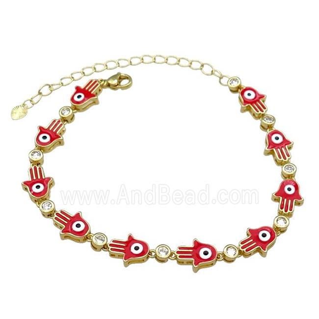 Copper HamsaHand Red Enamel Evil Eye Bracelet Pave Zircon Gold Plated