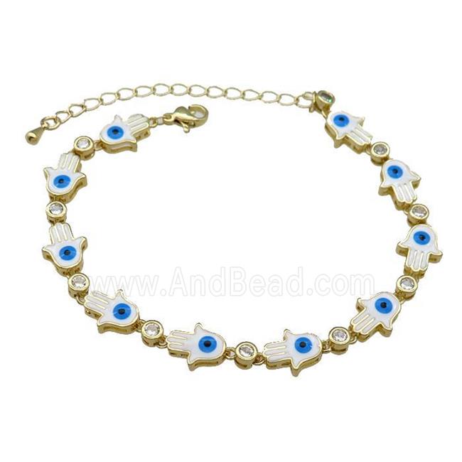 Copper Hamsahand Bracelet Evil Eye White Enamel Gold Plated