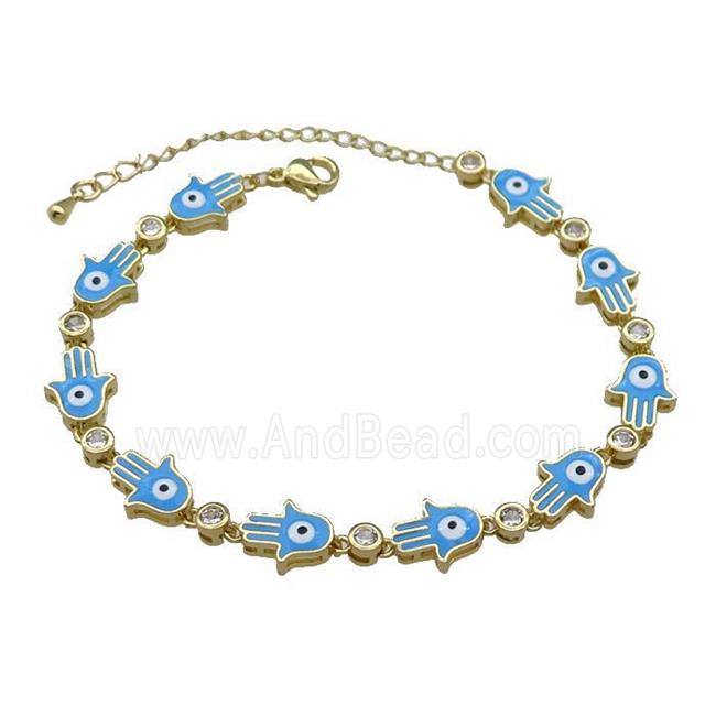 Copper Hamsahand Bracelet Evil Eye Blue Enamel Gold Plated