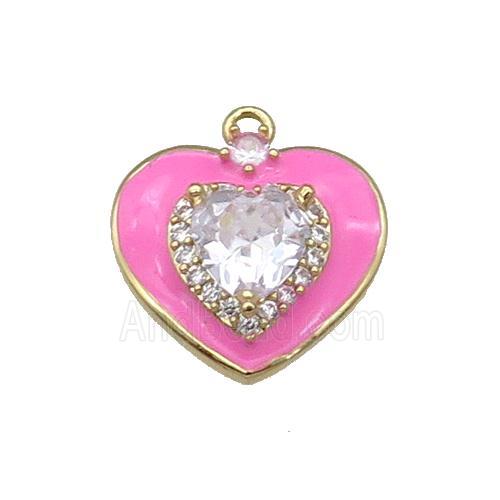 Copper Heart Pendant Pave Zircon Hotpink Enamel Gold Plated