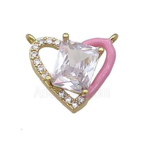 Copper Heart Pendant Pave Zircon Pink Enamel Gold Plated