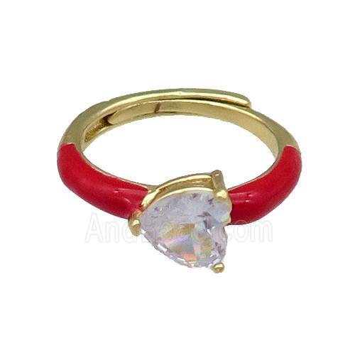 Copper Ring Heart Red Enamel Adjustable Gold Plated