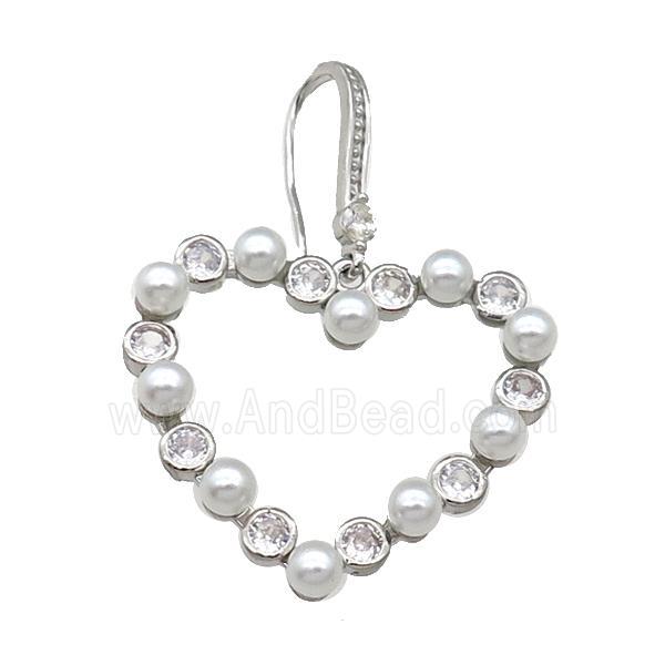 Copper Hook Earring With Heart Pave Zircon Platinum Plated
