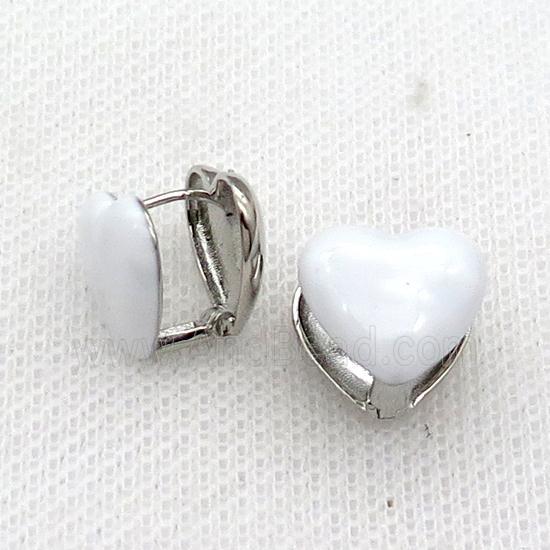 Copper Latchback Earring White Enamel Heart Platinum Plated