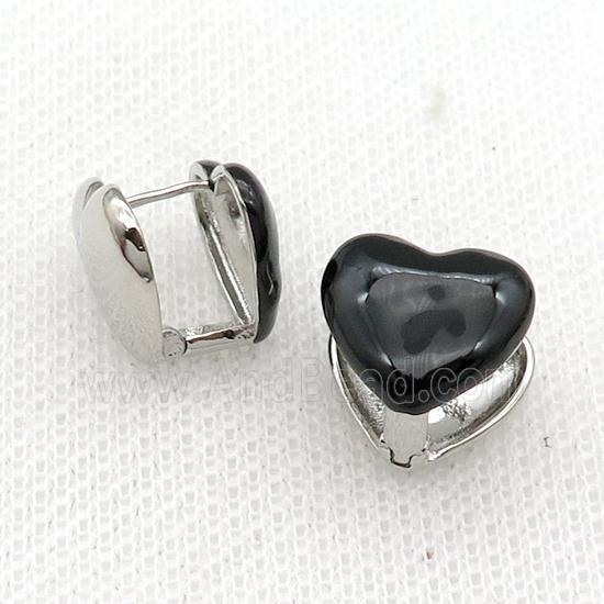 Copper Latchback Earring Black Enamel Heart Platinum Plated