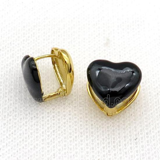 Copper Latchback Earring Black Enamel Heart Gold Plated
