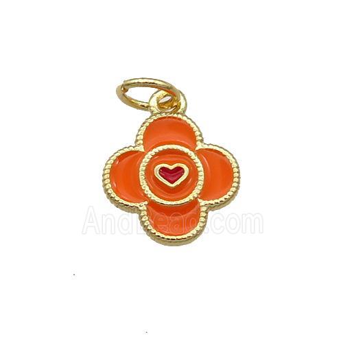 Copper Clover Pendant Orange Enamel Gold Plated