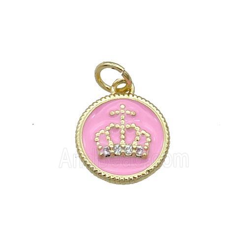 Copper Circle Crown Pendant Pink Enamel Gold Plated