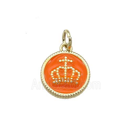 Copper Circle Crown Pendant Orange Enamel Gold Plated