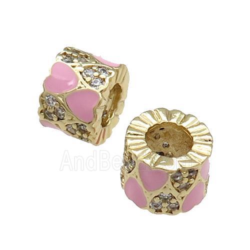 Copper Tube Beads Pave Zircon Pink Enamel Large Hole Gold Plated