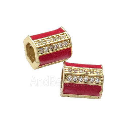 Copper Tube Beads Pave Zircon Red Enamel Large Hole Gold Plated
