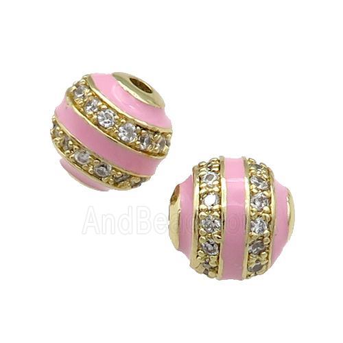 Copper Round Beads Pave Zircon Pink Enamel Gold Plated