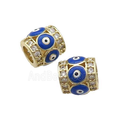 Copper Tube Beads Pave Zircon Blue Enamel Evil Eye Large Hole Gold Plated