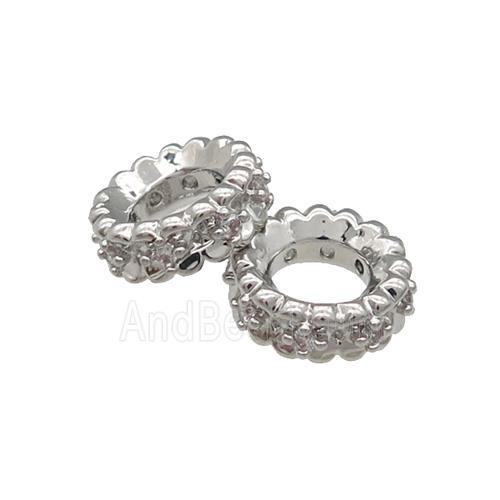 Copper Rondelle Spacer Beads Pave Zircon Large Hole Platinum Plated