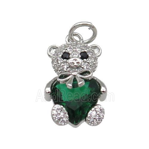 Copper Bear Charm Pendant Pave Zircon Green Platinum Plated