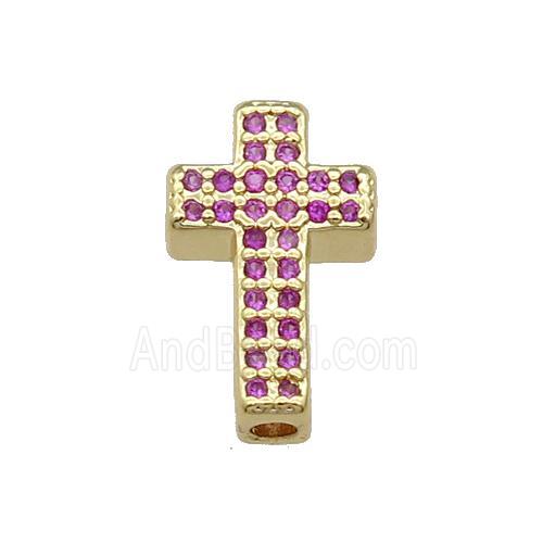 Copper Cross Beads Pave Hotpink Zircon Gold Plated