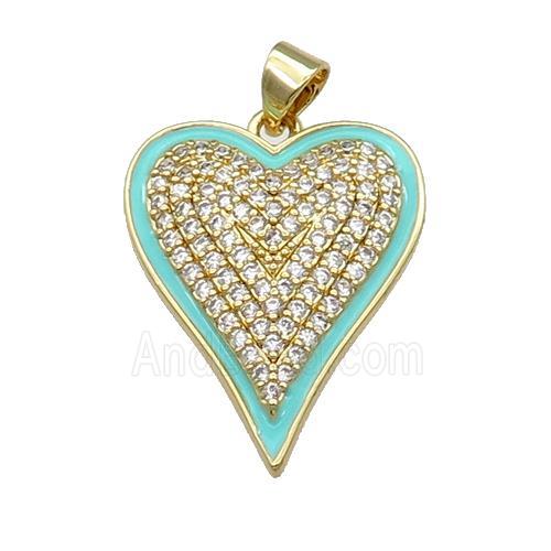 Copper Heart Pendant Pave Zircon Green Enamel Gold Plated