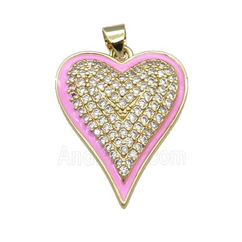 Copper Heart Pendant Pave Zircon Pink Enamel Gold Plated