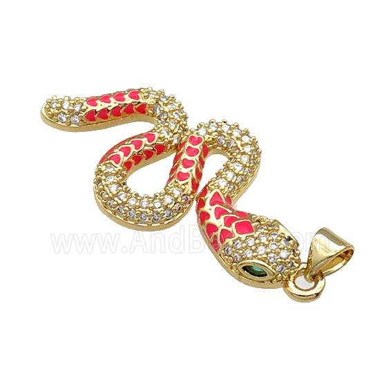 Copper Snake Charm Pendant Pave Zircon Red Enamel Gold Plated