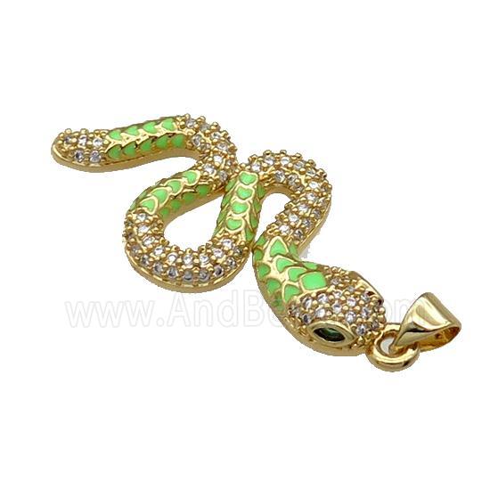 Copper Snake Charm Pendant Pave Zircon Green Enamel Gold Plated