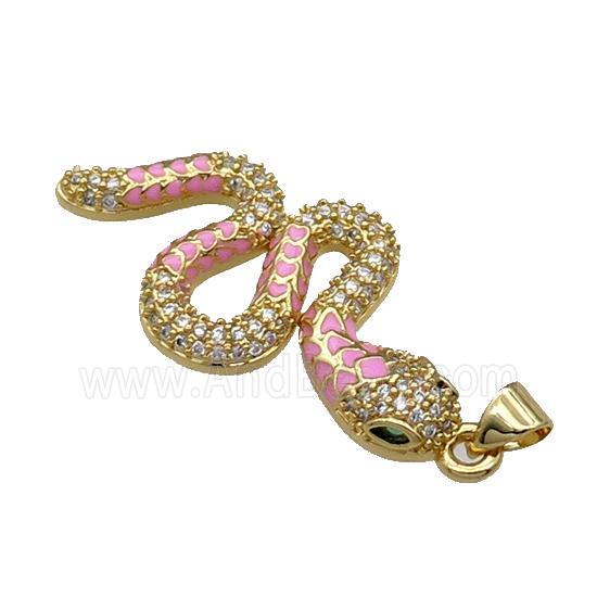 Copper Snake Charm Pendant Pave Zircon Pink Enamel Gold Plated