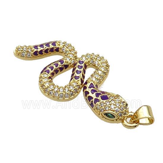 Copper Snake Charm Pendant Pave Zircon Purple Enamel Gold Plated