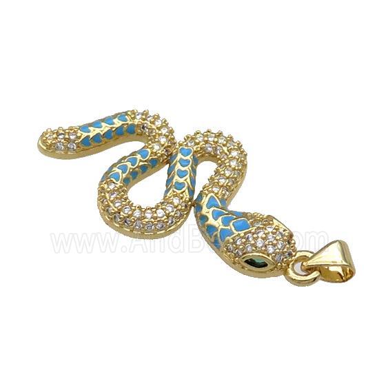 Copper Snake Charm Pendant Pave Zircon Teal Enamel Gold Plated