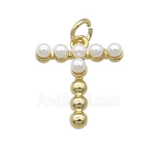 Copper Letter-T Pendant Pave Pearlized Glass Gold Plated