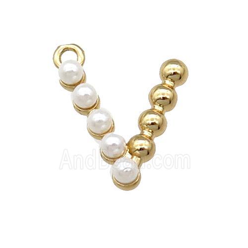 Copper Letter-V Pendant Pave Pearlized Glass Gold Plated