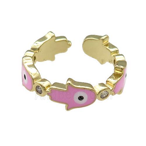 Copper Hamsahand Ring Pink Enamel Evil Eye Gold Plated
