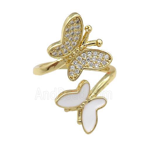Copper Butterfly Ring Pave Zircon White Enamel Gold Plated