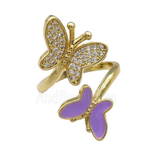 Copper Butterfly Ring Pave Zircon Lavender Enamel Gold Plated