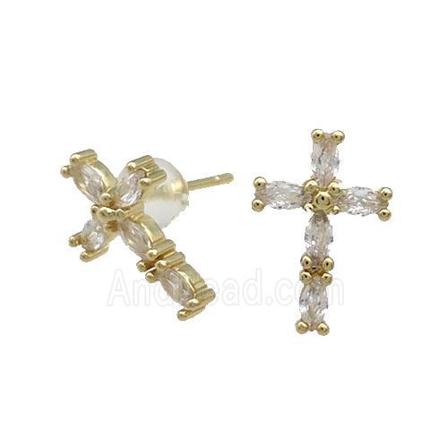 Copper Cross Stud Earring Pave Zircon Gold Plated