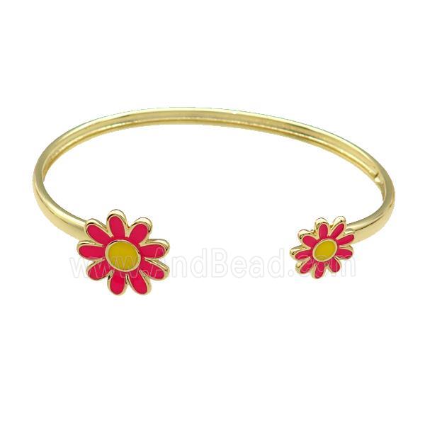 Copper Bangle Red Daisy Enamel Flower Gold Plated