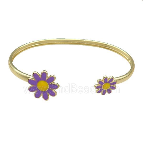 Copper Bangle Purple Daisy Enamel Flower Gold Plated