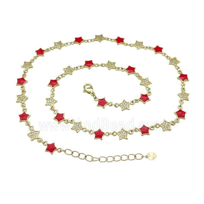 Copper Star Necklace Pave Zircon Red Enamel Gold Plated