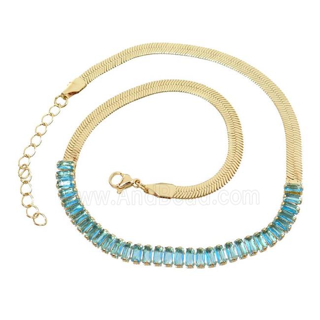 Copper FlatSnake Necklace Pave Aqua Zircon Gold Plated
