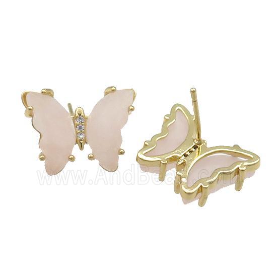 Pink Rose Quartz Butterfly Stud Earring Gold Plated