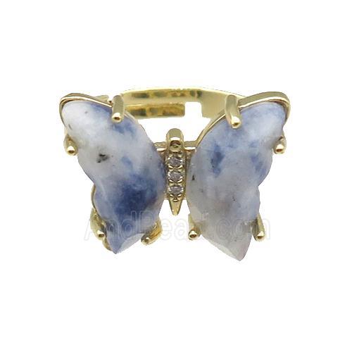 Blue Dalmatian Jasper Ring Adjustable Gold Plated