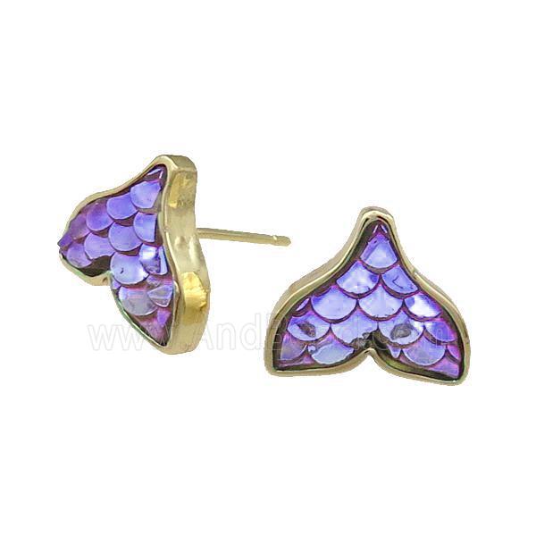 Copper Mermaid Tail Stud Earring Purple Resin Gold Plated