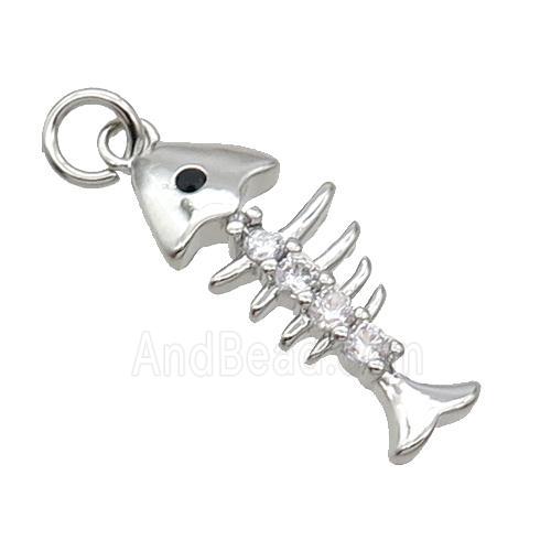 Copper Fishbone Pendant Pave Zircon Platinum Plated