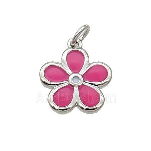 Copper Flower Pendant Hotpink Enamel Platinum Plated