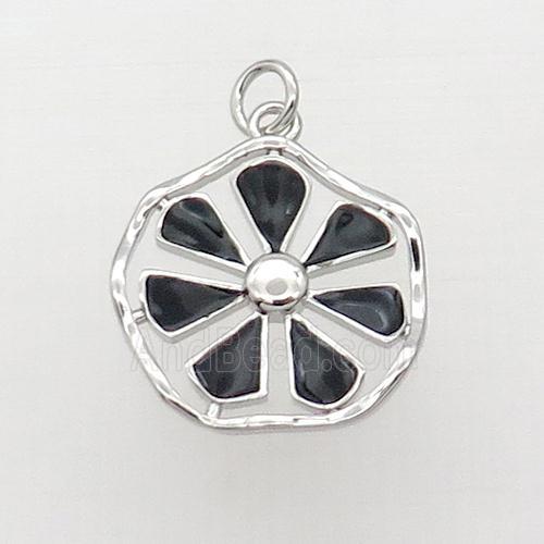 Copper Flower Pendant Black Enamel Platinum Plated