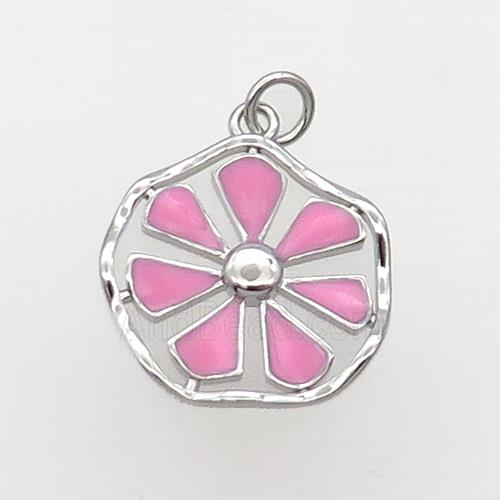 Copper Flower Pendant Pink Enamel Platinum Plated