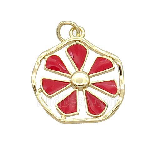 Copper Flower Pendant Red Enamel Gold Plated
