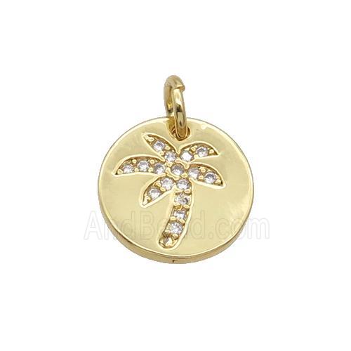 Copper Circle Pendant Pave Zircon Coconut Tree Unfade 18K Gold Plated